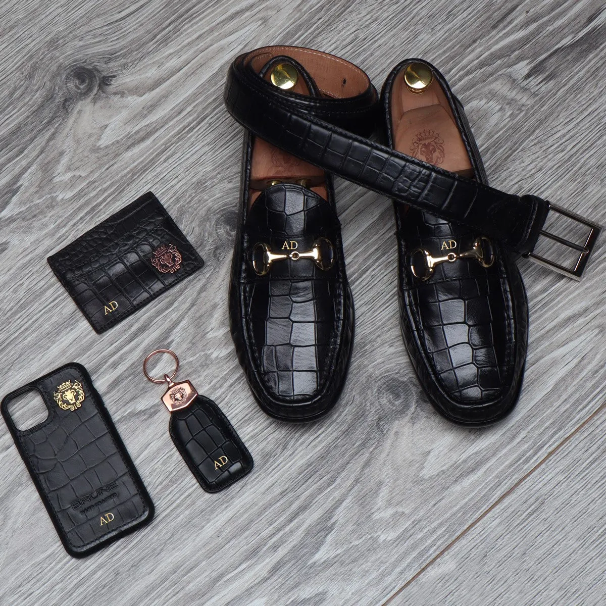 Bespoke Black Combo of 5 Deep Cut Croco Leather Products by BRUNE & BARESKIN