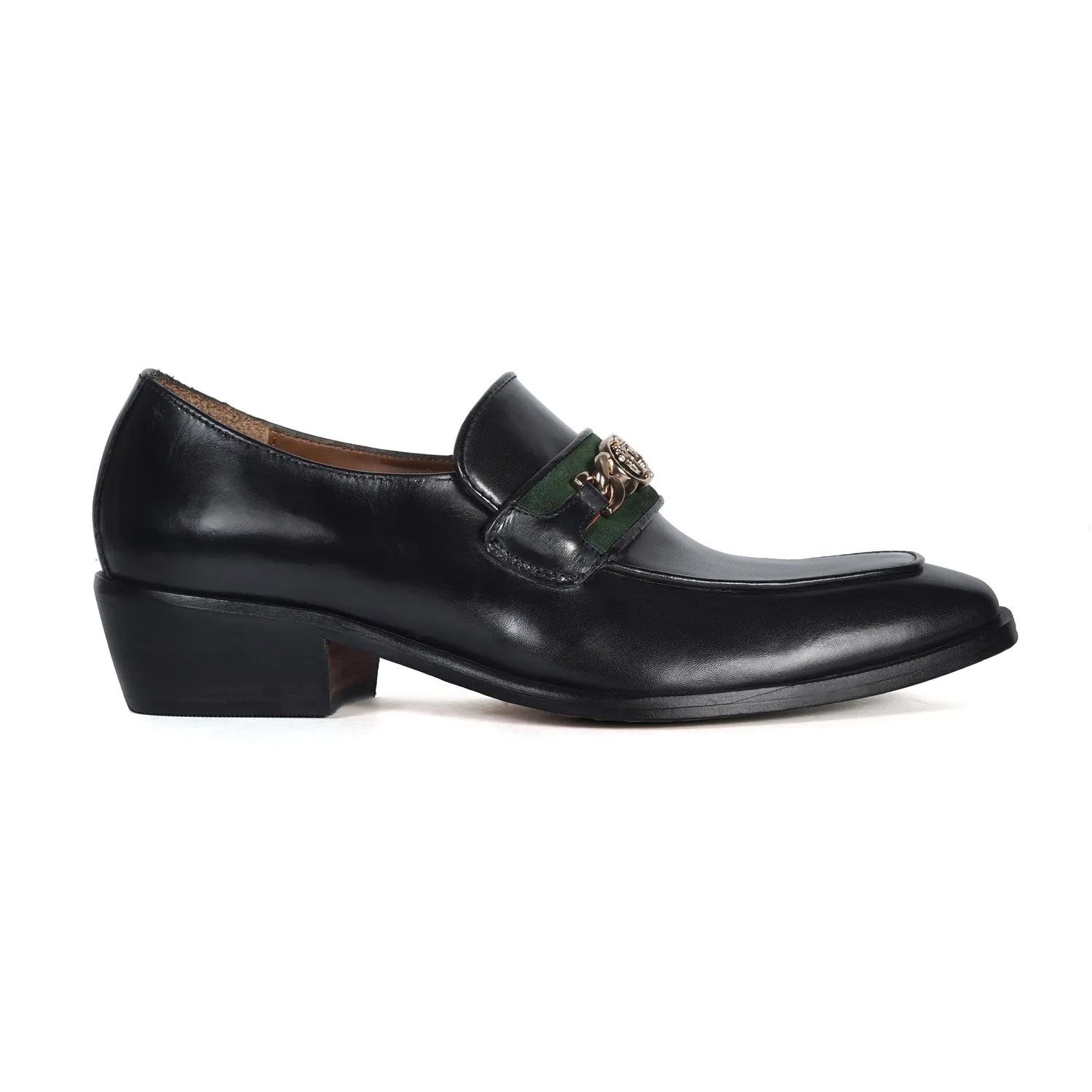 Black Cuban Heel Leather Slip-On with Trademark Chain Logo