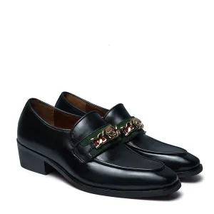 Black Cuban Heel Leather Slip-On with Trademark Chain Logo