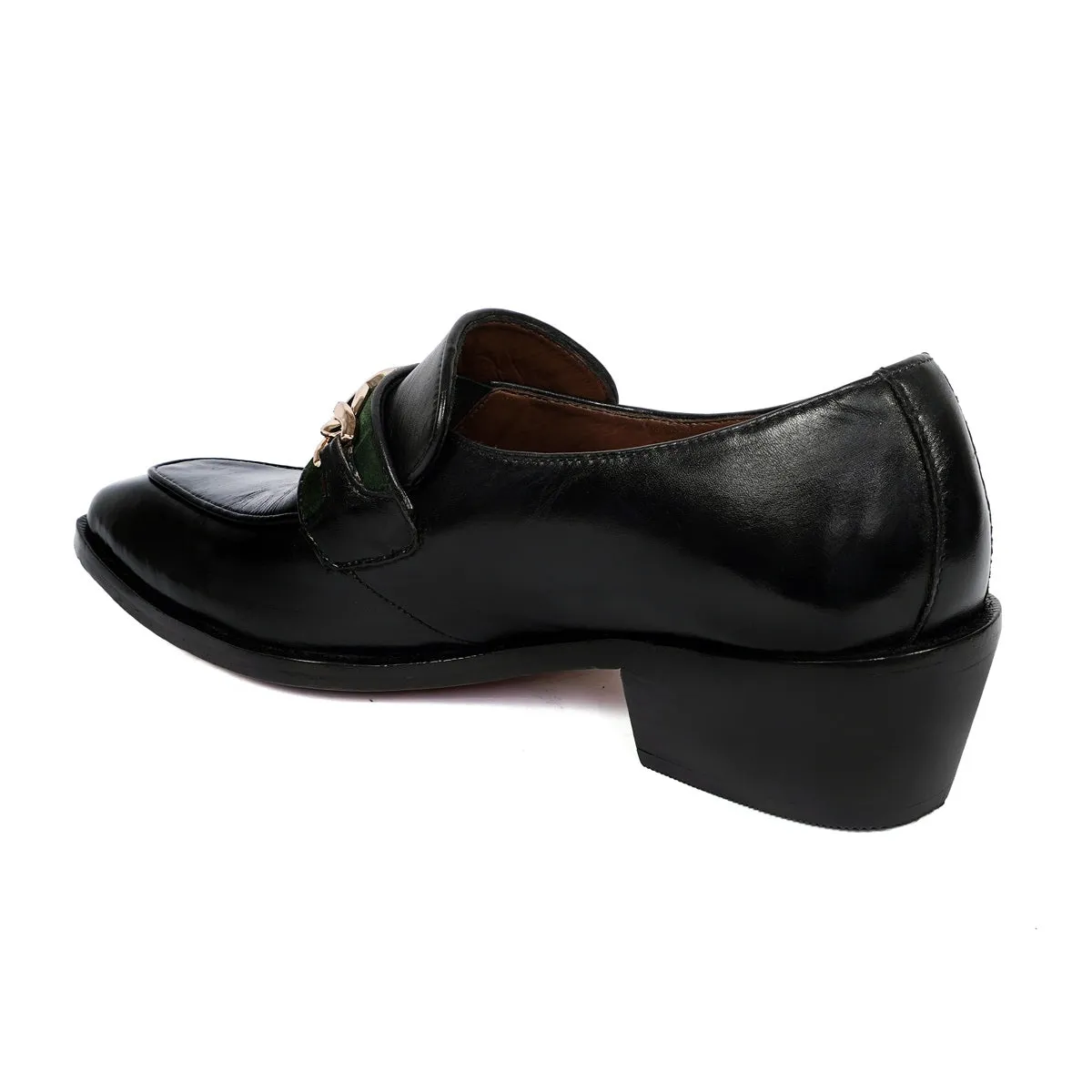 Black Cuban Heel Leather Slip-On with Trademark Chain Logo