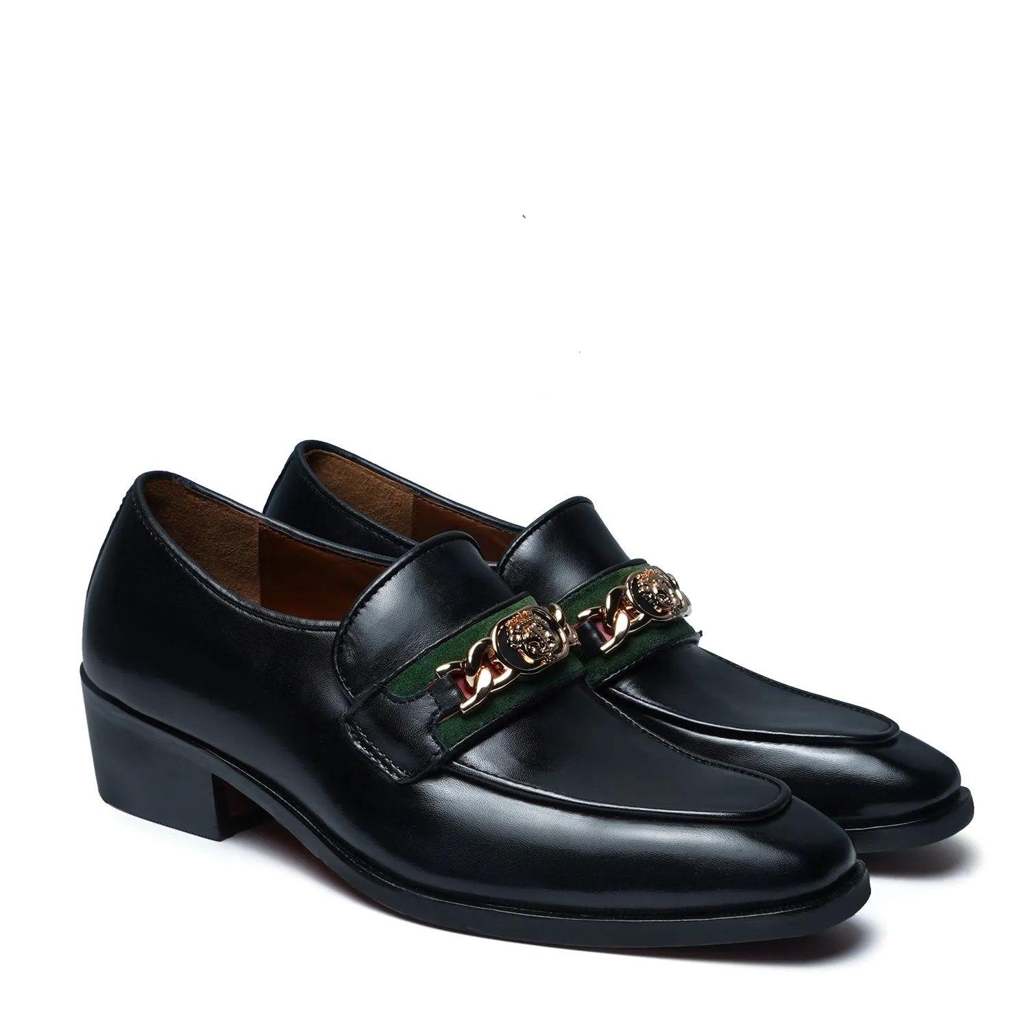 Black Cuban Heel Leather Slip-On with Trademark Chain Logo