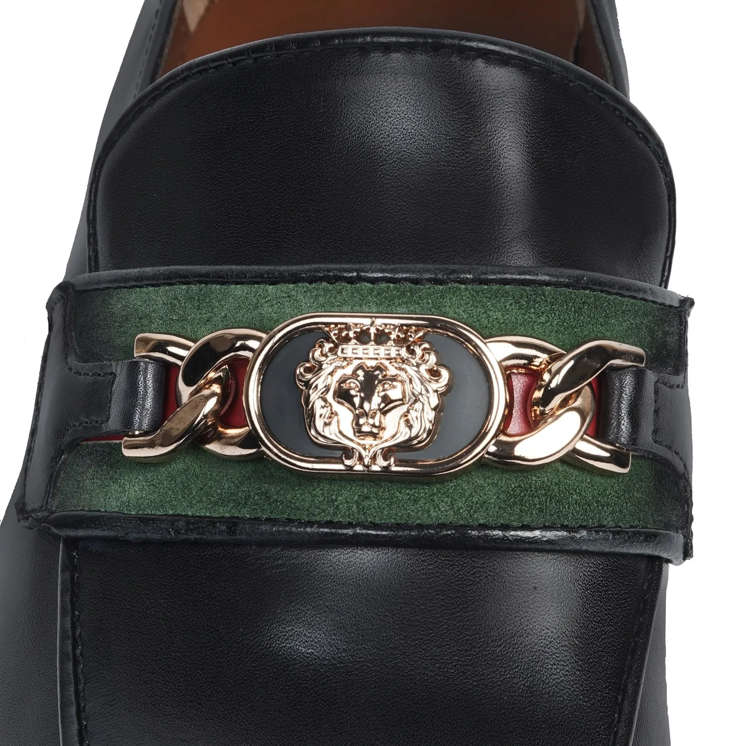Black Cuban Heel Leather Slip-On with Trademark Chain Logo