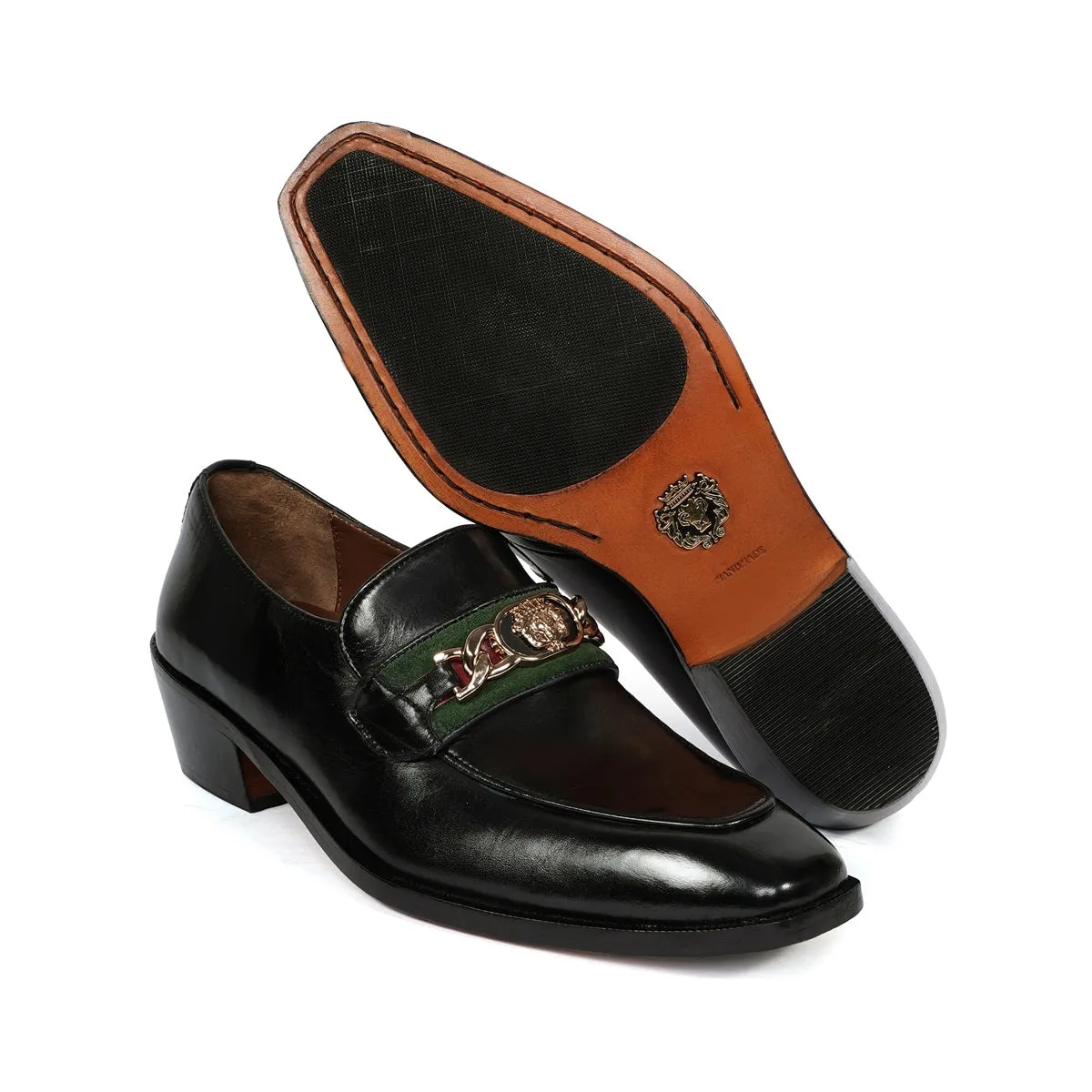 Black Cuban Heel Leather Slip-On with Trademark Chain Logo