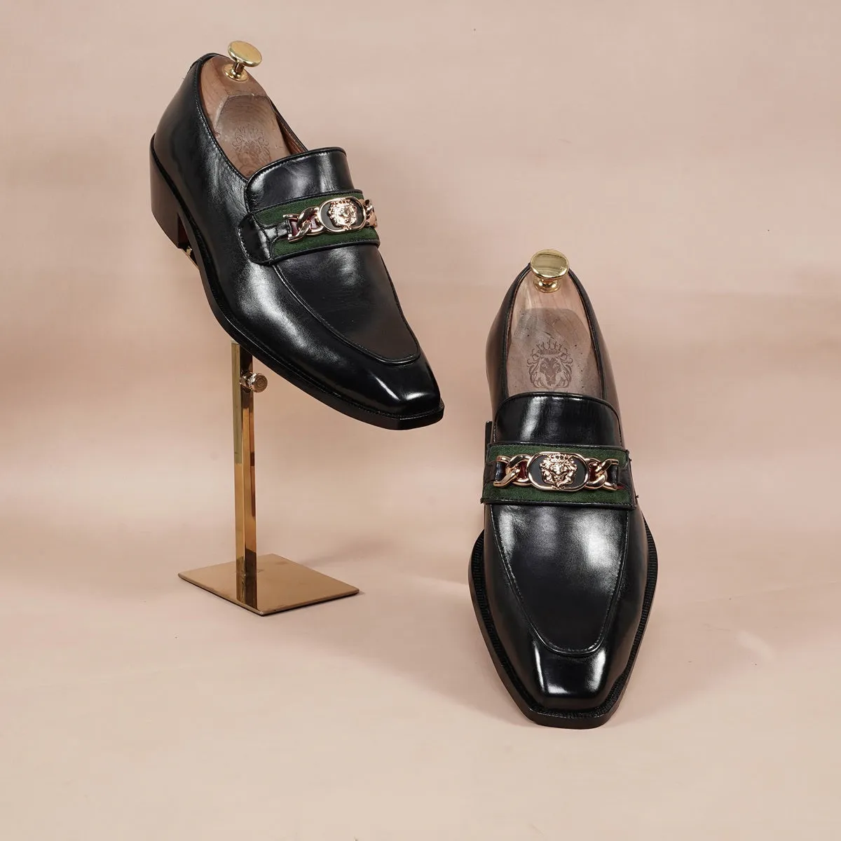 Black Cuban Heel Leather Slip-On with Trademark Chain Logo