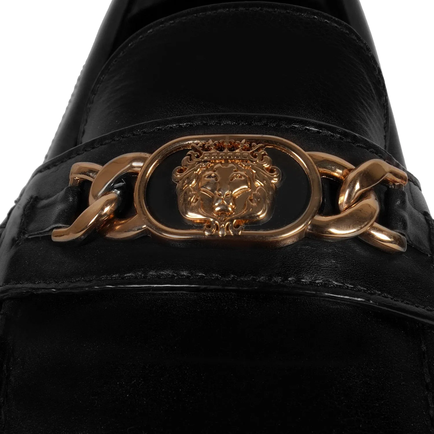 Black Leather Moccasin Loafer with Chain Embellishment Lion Logo