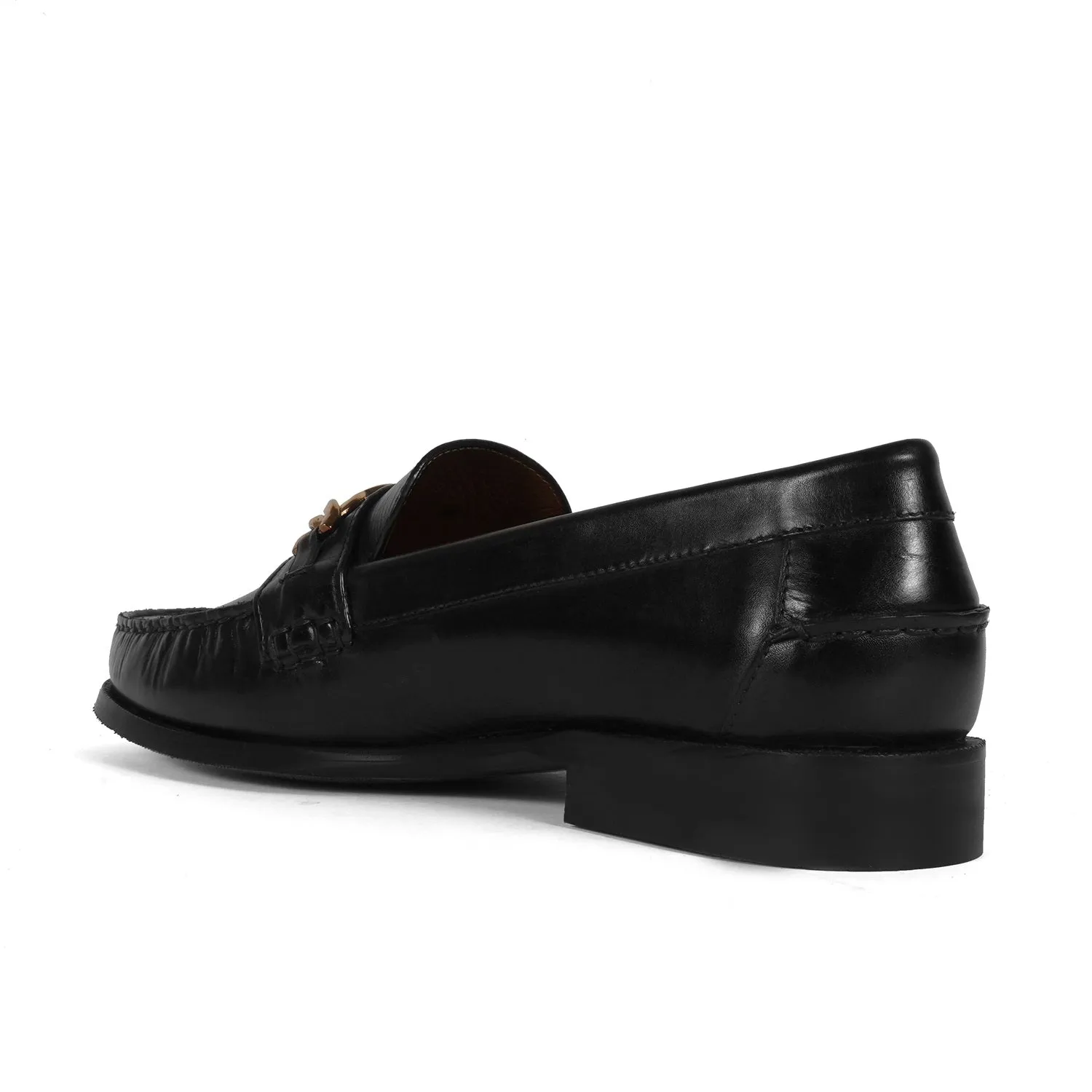 Black Leather Moccasin Loafer with Chain Embellishment Lion Logo
