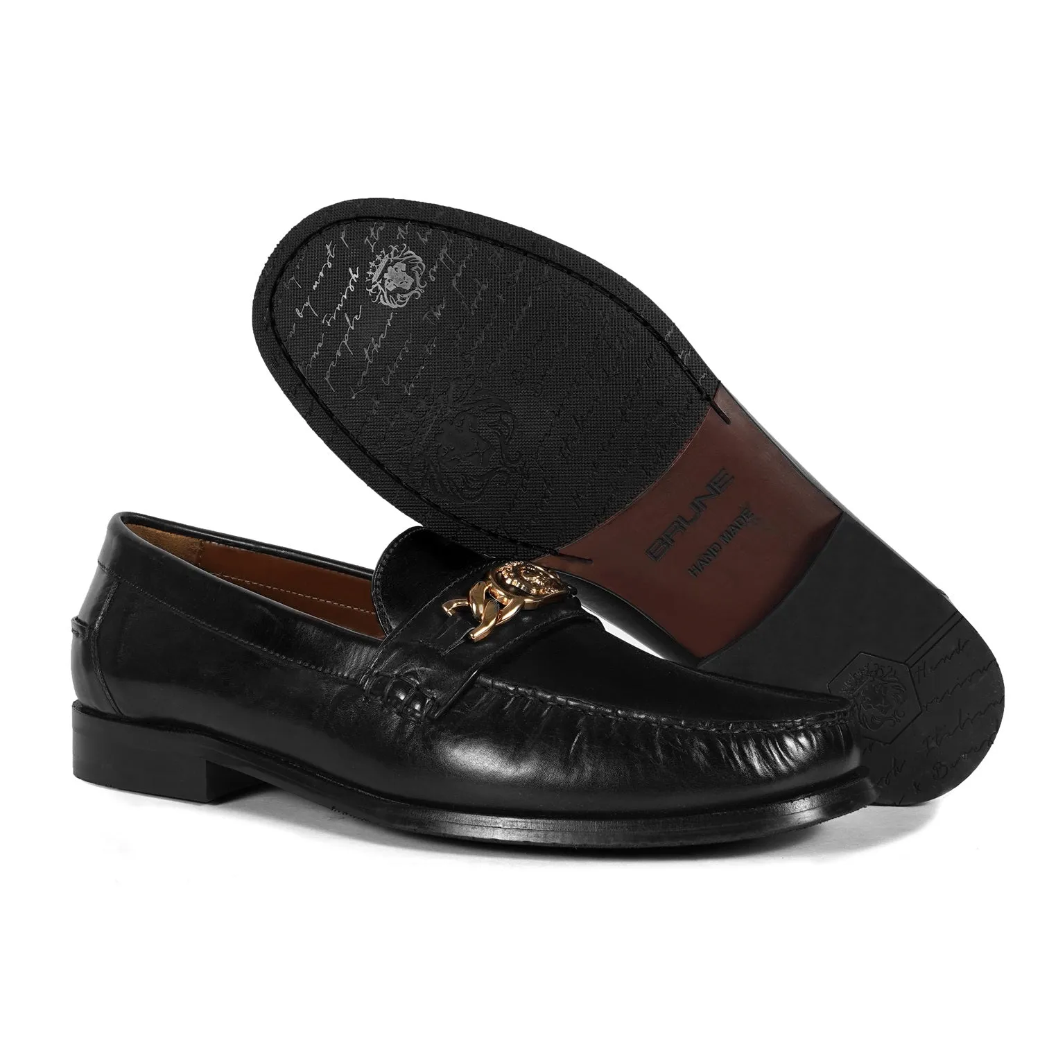 Black Leather Moccasin Loafer with Chain Embellishment Lion Logo