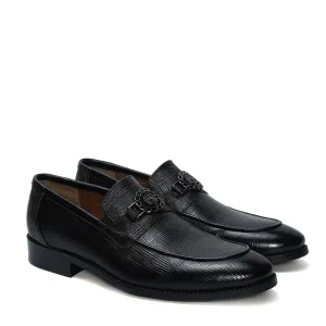 Black Saffiano Leather Loafer with "Brune & Bareskin" Chain Embellishment Lion Logo