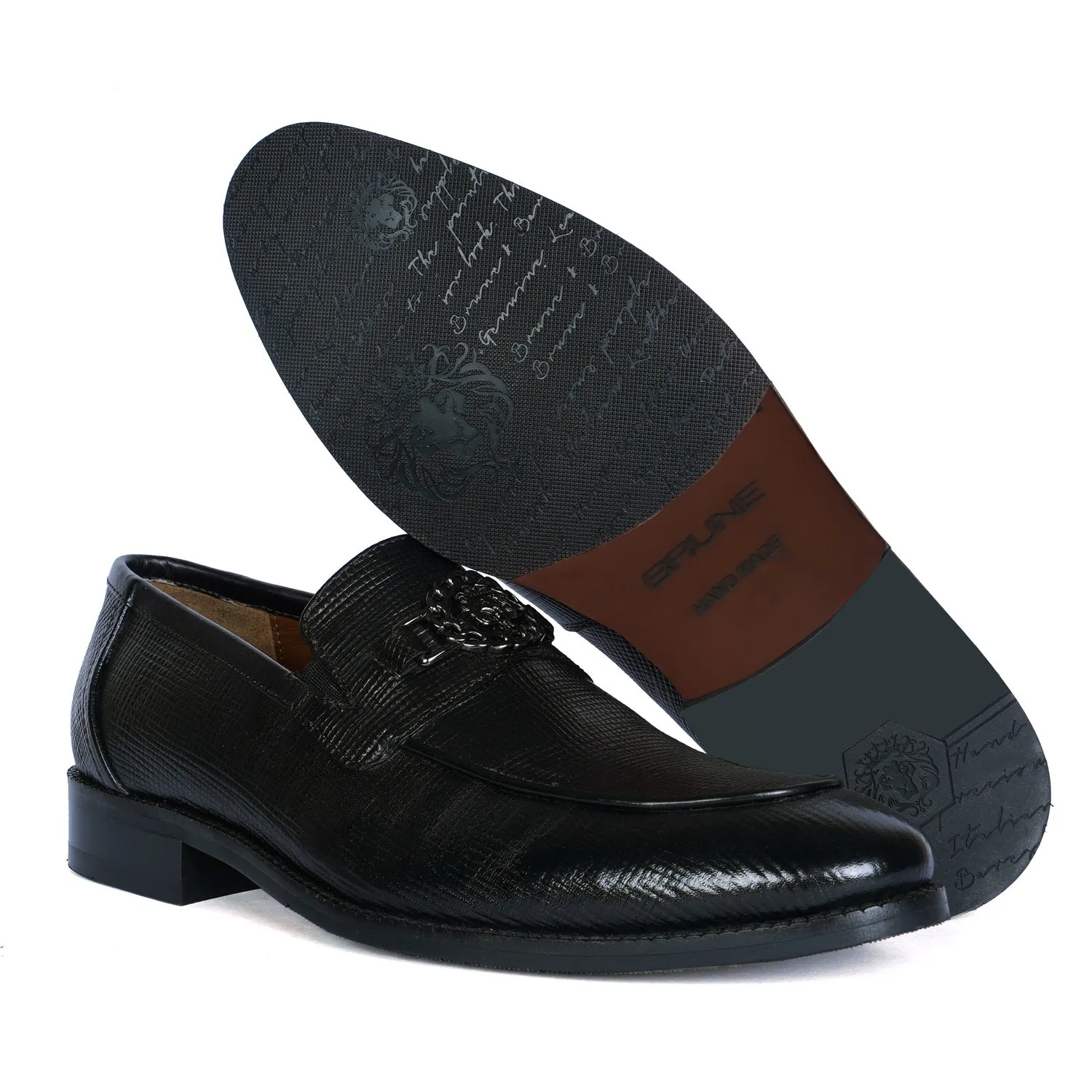 Black Saffiano Leather Loafer with "Brune & Bareskin" Chain Embellishment Lion Logo