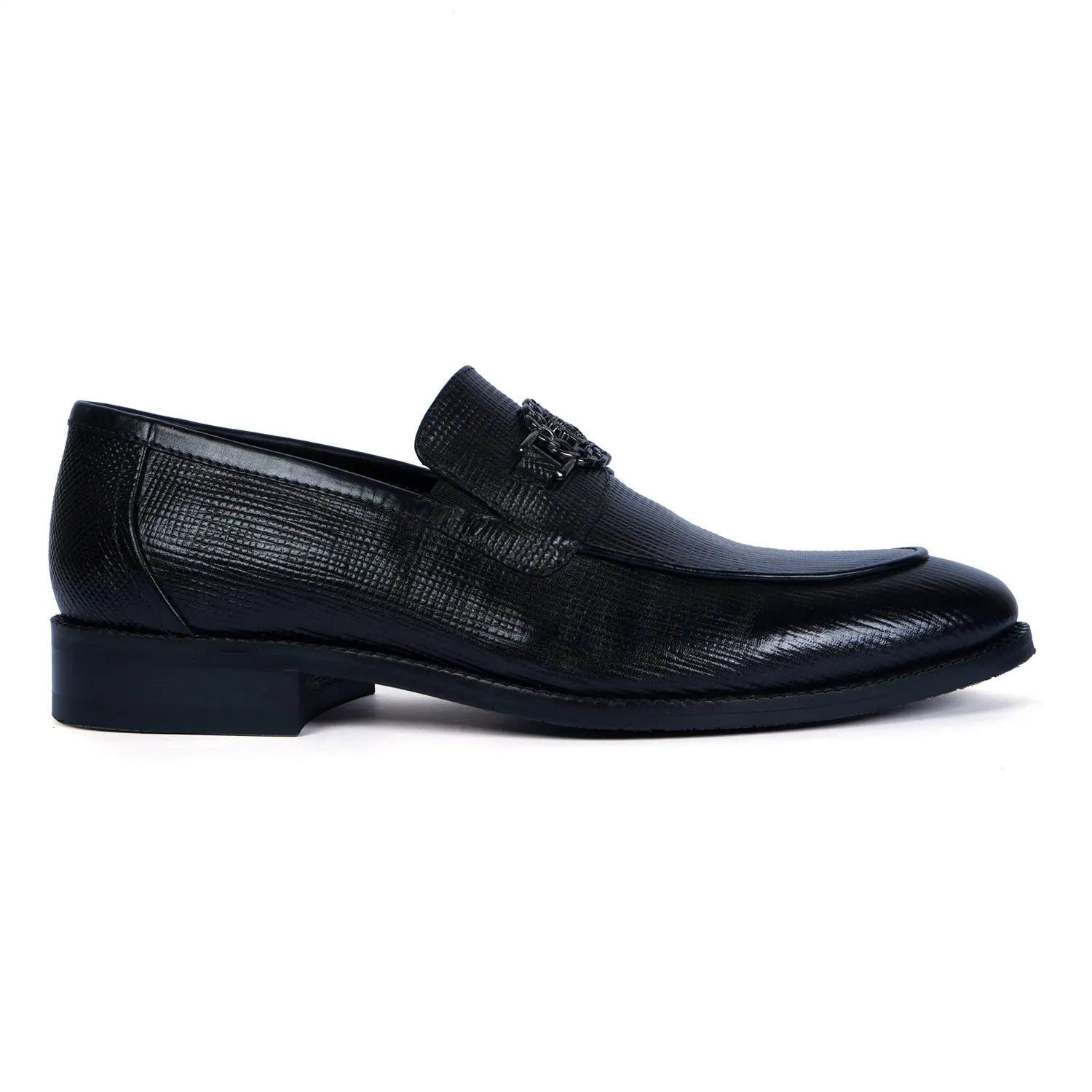 Black Saffiano Leather Loafer with "Brune & Bareskin" Chain Embellishment Lion Logo