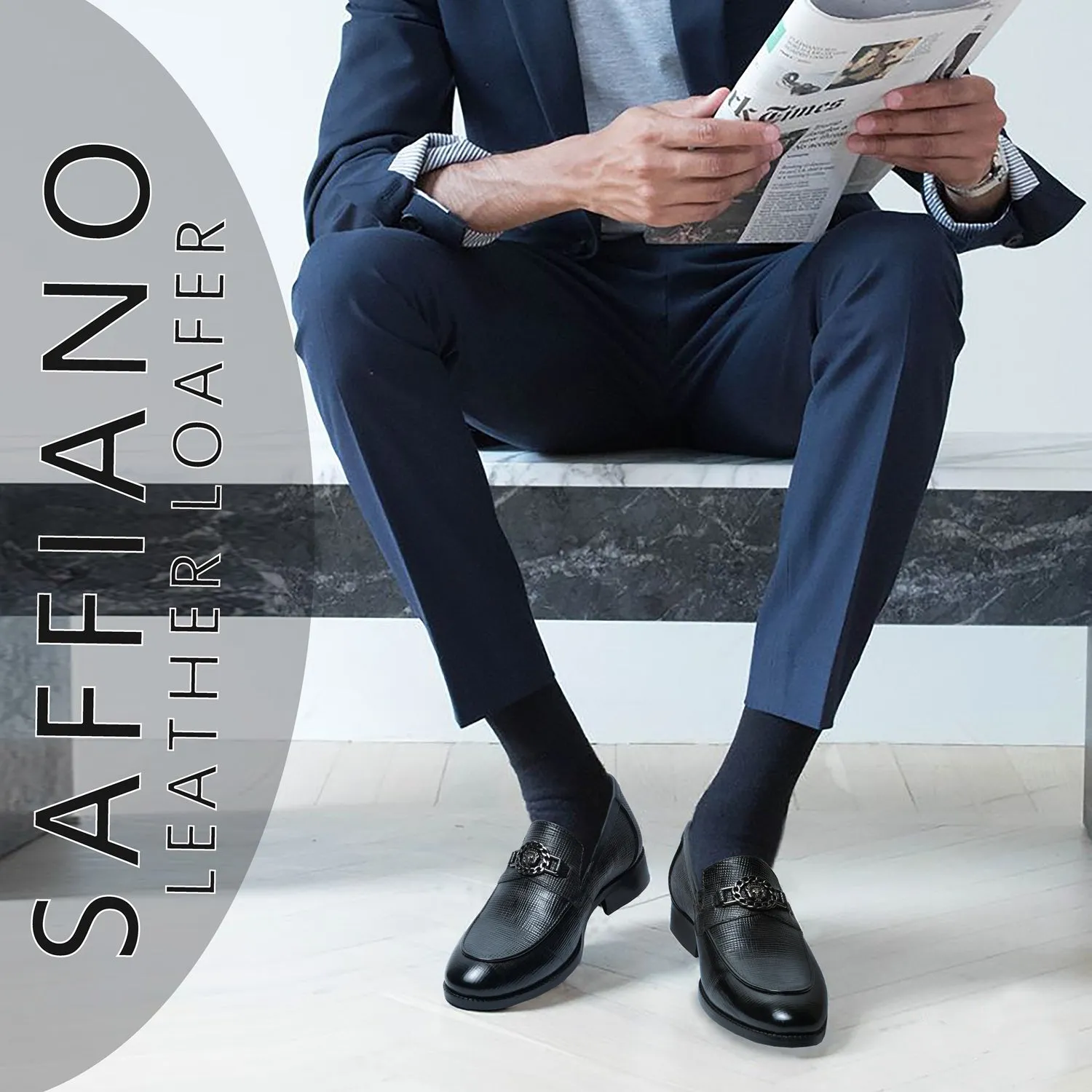 Black Saffiano Leather Loafer with "Brune & Bareskin" Chain Embellishment Lion Logo