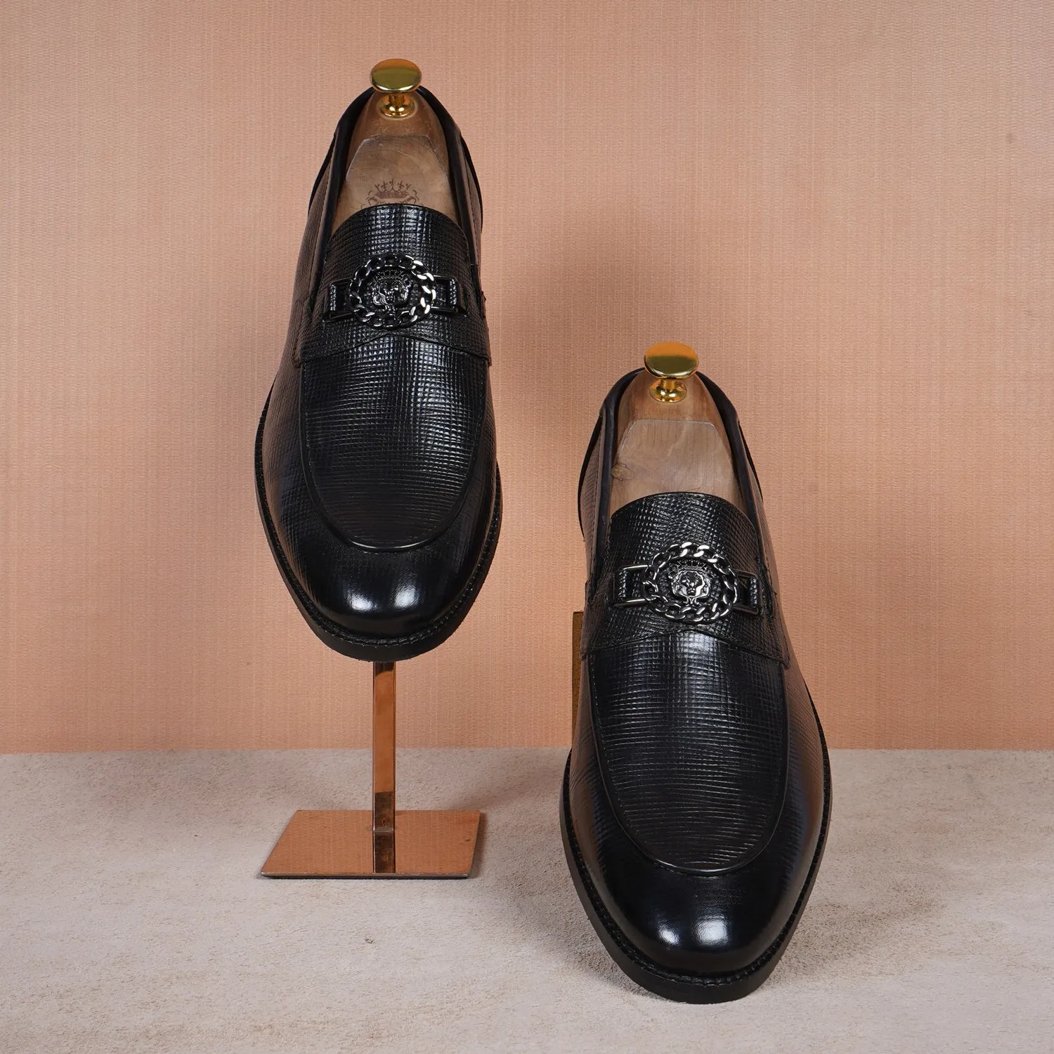 Black Saffiano Leather Loafer with "Brune & Bareskin" Chain Embellishment Lion Logo