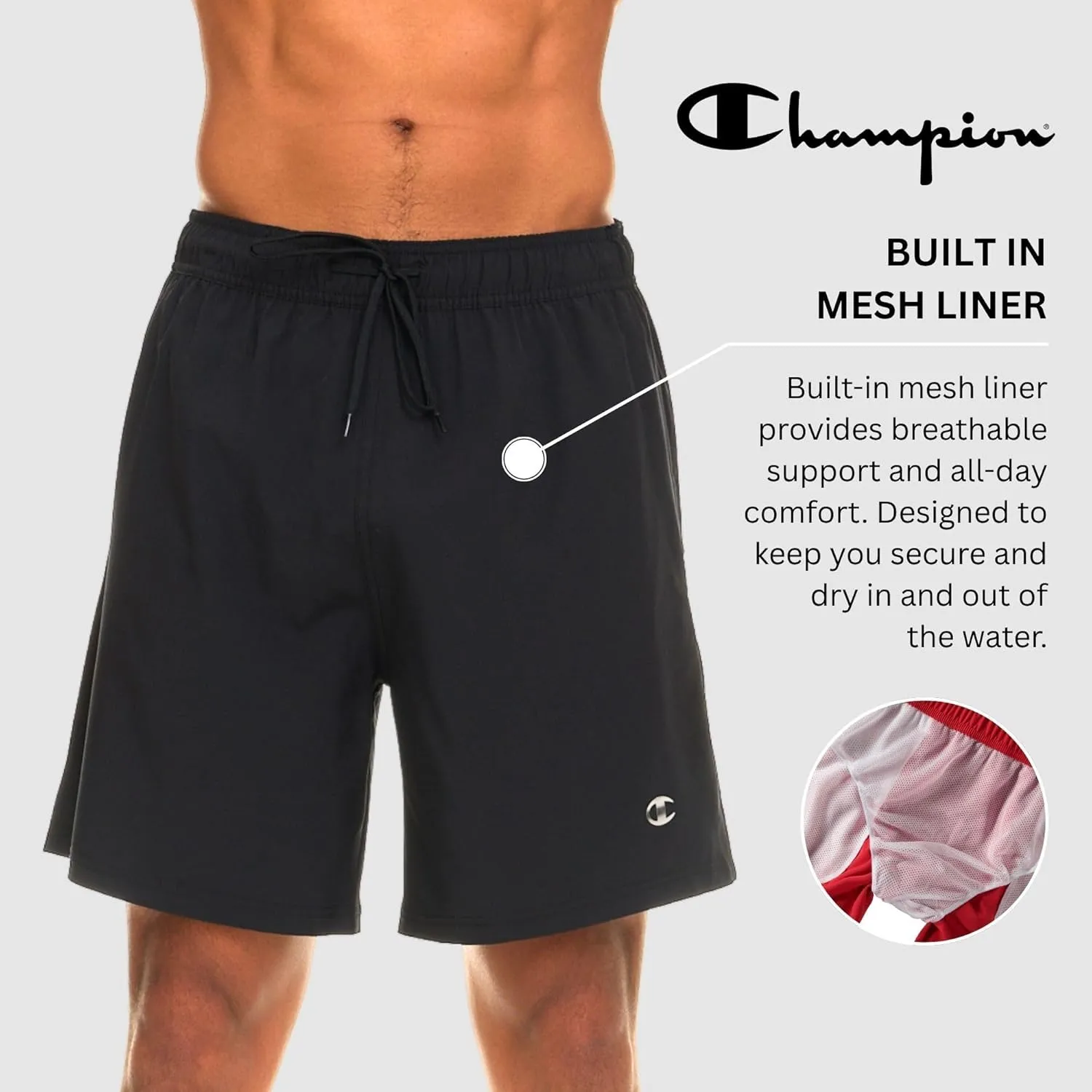Champion Mens Swim Trunks with Mesh Liner, 7" Inseam Quick Drying Mens Bathing Suit, Board Shorts for Swimming and Beach