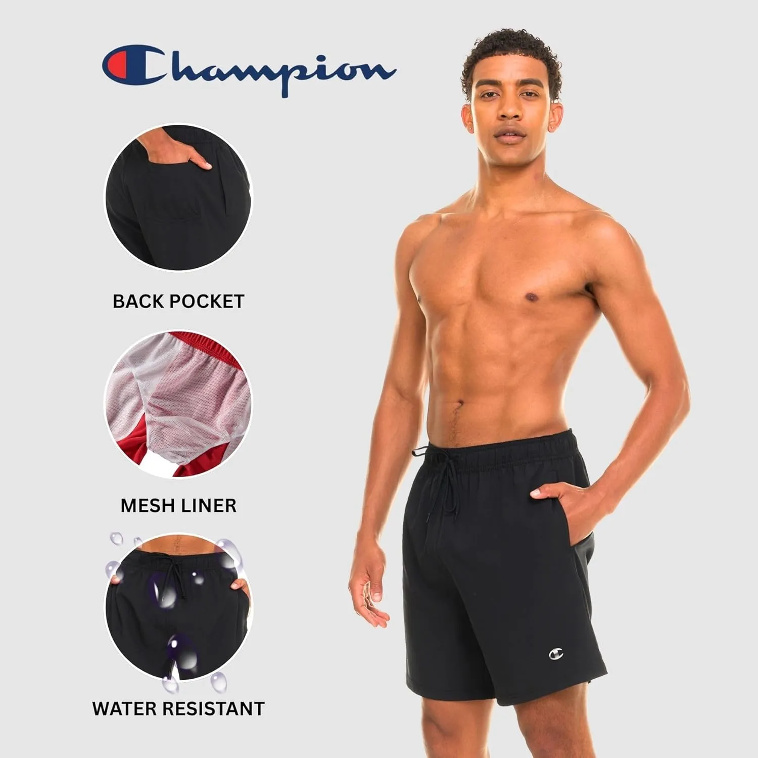 Champion Mens Swim Trunks with Mesh Liner, 7" Inseam Quick Drying Mens Bathing Suit, Board Shorts for Swimming and Beach