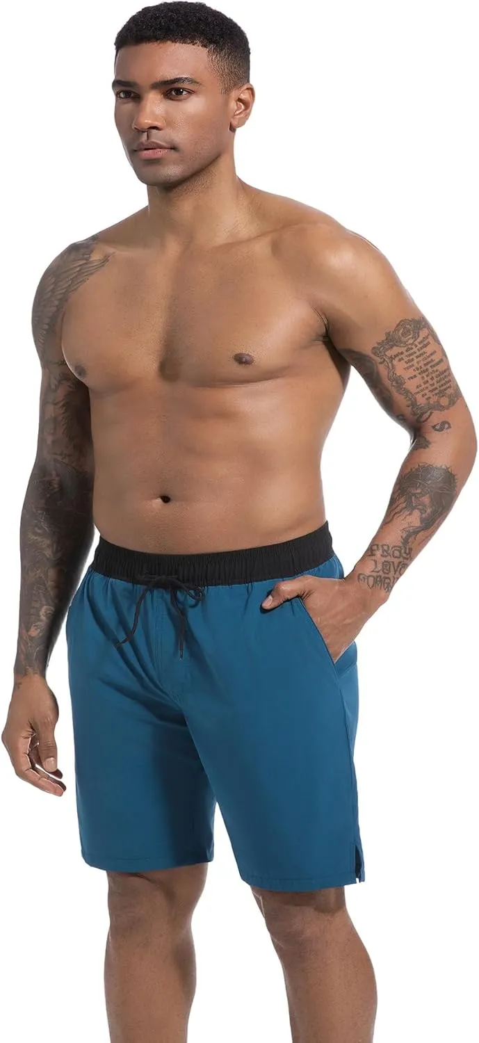 difficort Mens Swim Trunks Quick Dry Bathing Suit 9 inch Inseam Board Shorts with Compression Liner and Zipper Pocket