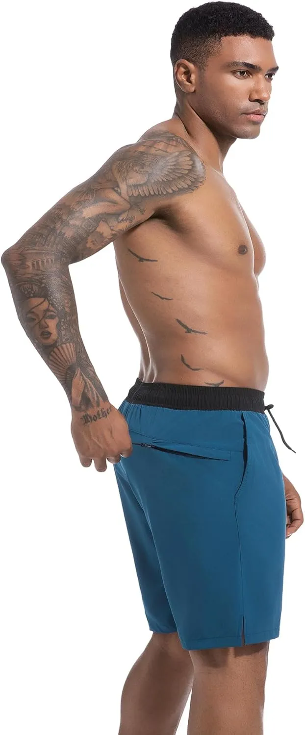 difficort Mens Swim Trunks Quick Dry Bathing Suit 9 inch Inseam Board Shorts with Compression Liner and Zipper Pocket