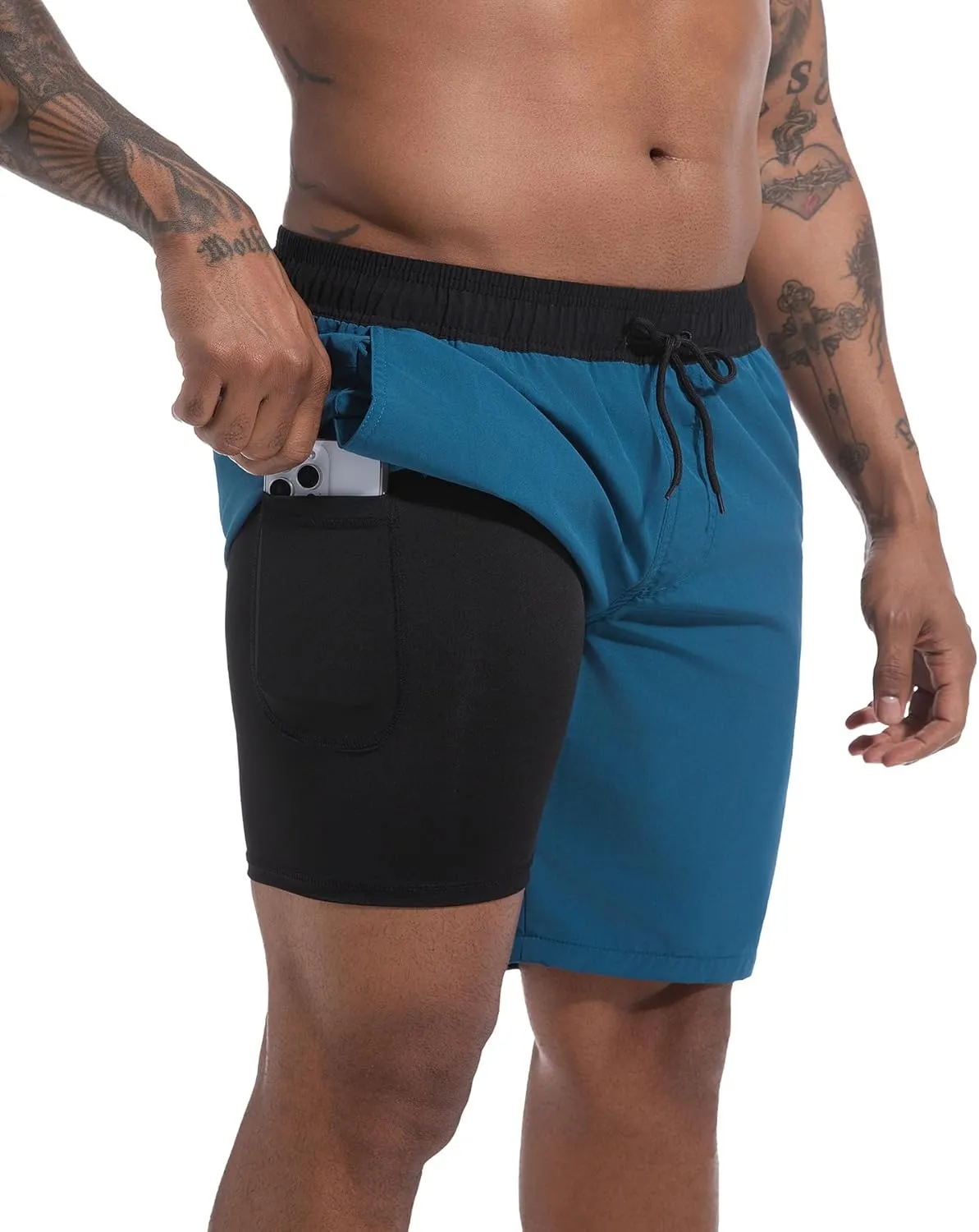 difficort Mens Swim Trunks Quick Dry Bathing Suit 9 inch Inseam Board Shorts with Compression Liner and Zipper Pocket