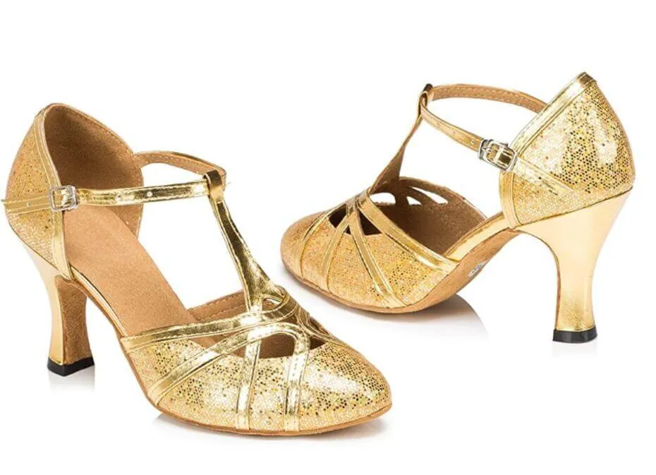 Gold Glitter T Straps Ballroom Latin Salsa Waltz Dance Shoes