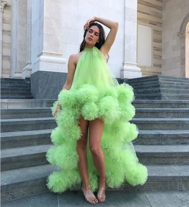 Green Prom Dresses  Tulle Party Dresses Vestido Formatura Robe De Soiree Halter Neck Vestidos De Gala