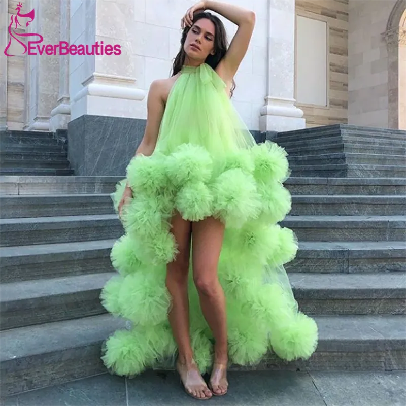 Green Prom Dresses  Tulle Party Dresses Vestido Formatura Robe De Soiree Halter Neck Vestidos De Gala
