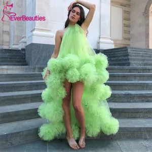 Green Prom Dresses  Tulle Party Dresses Vestido Formatura Robe De Soiree Halter Neck Vestidos De Gala