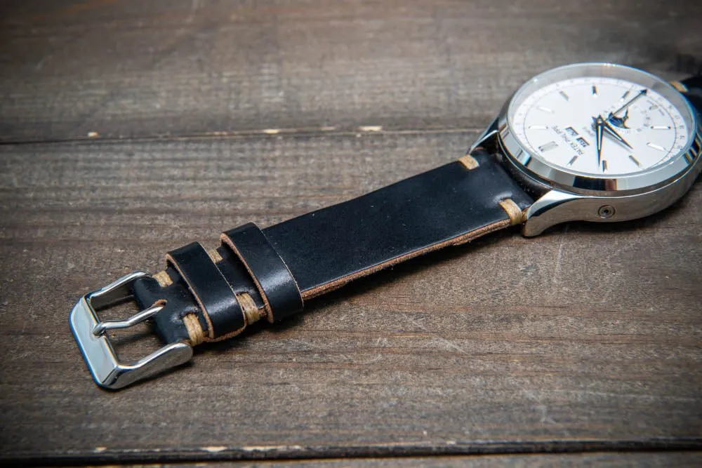 Horween Shell Cordovan Black leather watch strap, handmade in Finland - 10-26 mm.