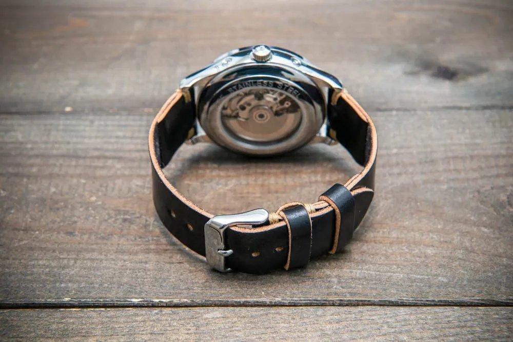 Horween Shell Cordovan Black leather watch strap, handmade in Finland - 10-26 mm.
