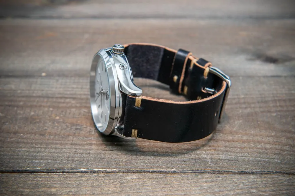 Horween Shell Cordovan Black leather watch strap, handmade in Finland - 10-26 mm.