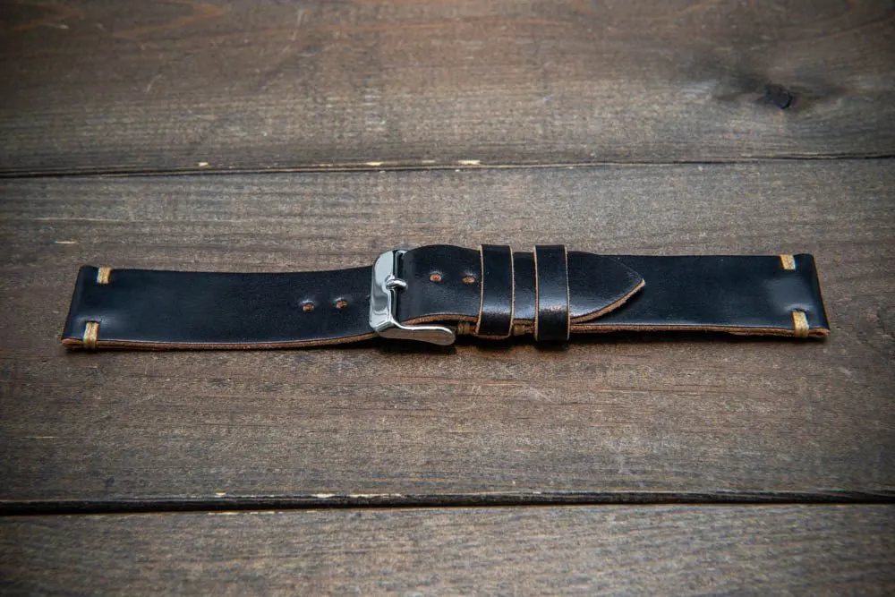 Horween Shell Cordovan Black leather watch strap, handmade in Finland - 10-26 mm.