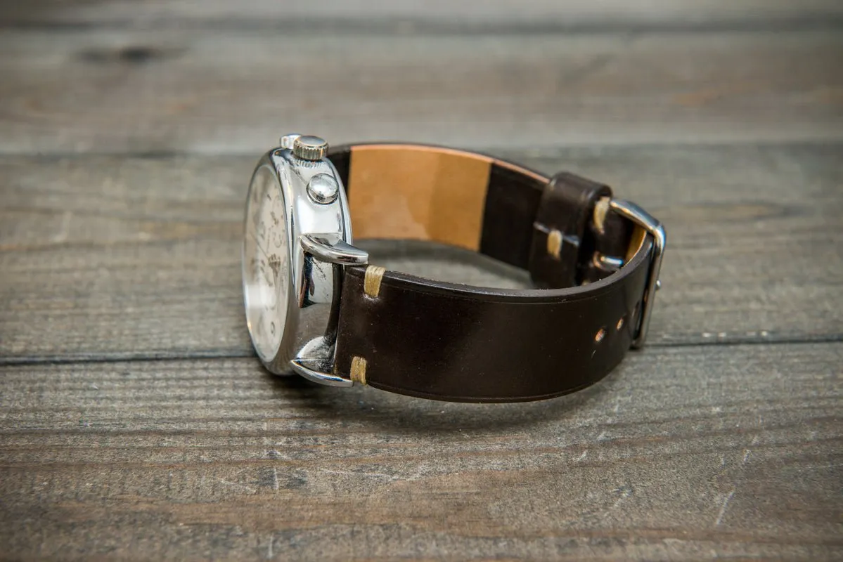 Horween Shell Cordovan leather watch strap, Dark Cognac. Handmade in Finland - 10 mm, 12 mm, 14 mm, 16mm, 17 mm, 18mm, 19 mm, 20mm, 21 mm, 22mm, 23 mm, 24mm, 25 mm, 26 mm.