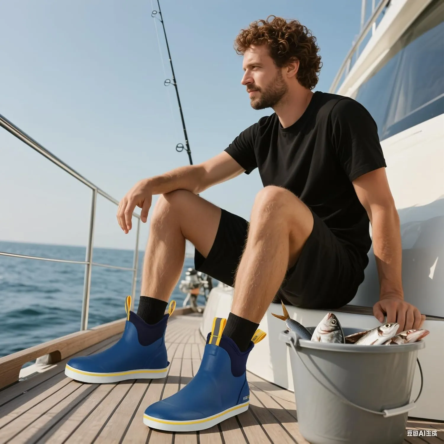Kalkal Men's Deck Boots, Waterproof Fishing Rain Boots with High Traction, Men's Rubber Boots For Gardening Fishing Boating Camping Sailing