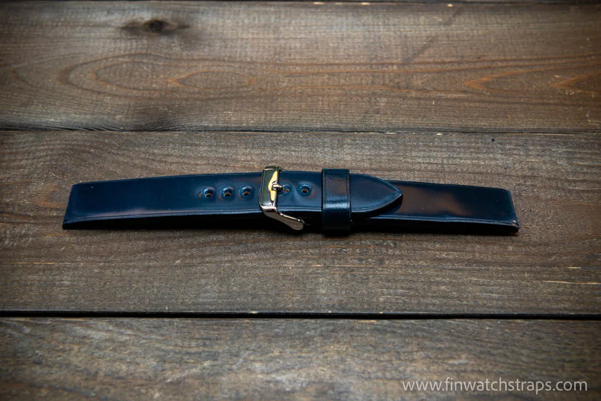 Leather watch strap, Shell Cordovan, Dark Blue colour. Handmade in Finland, 10 mm-26 mm.