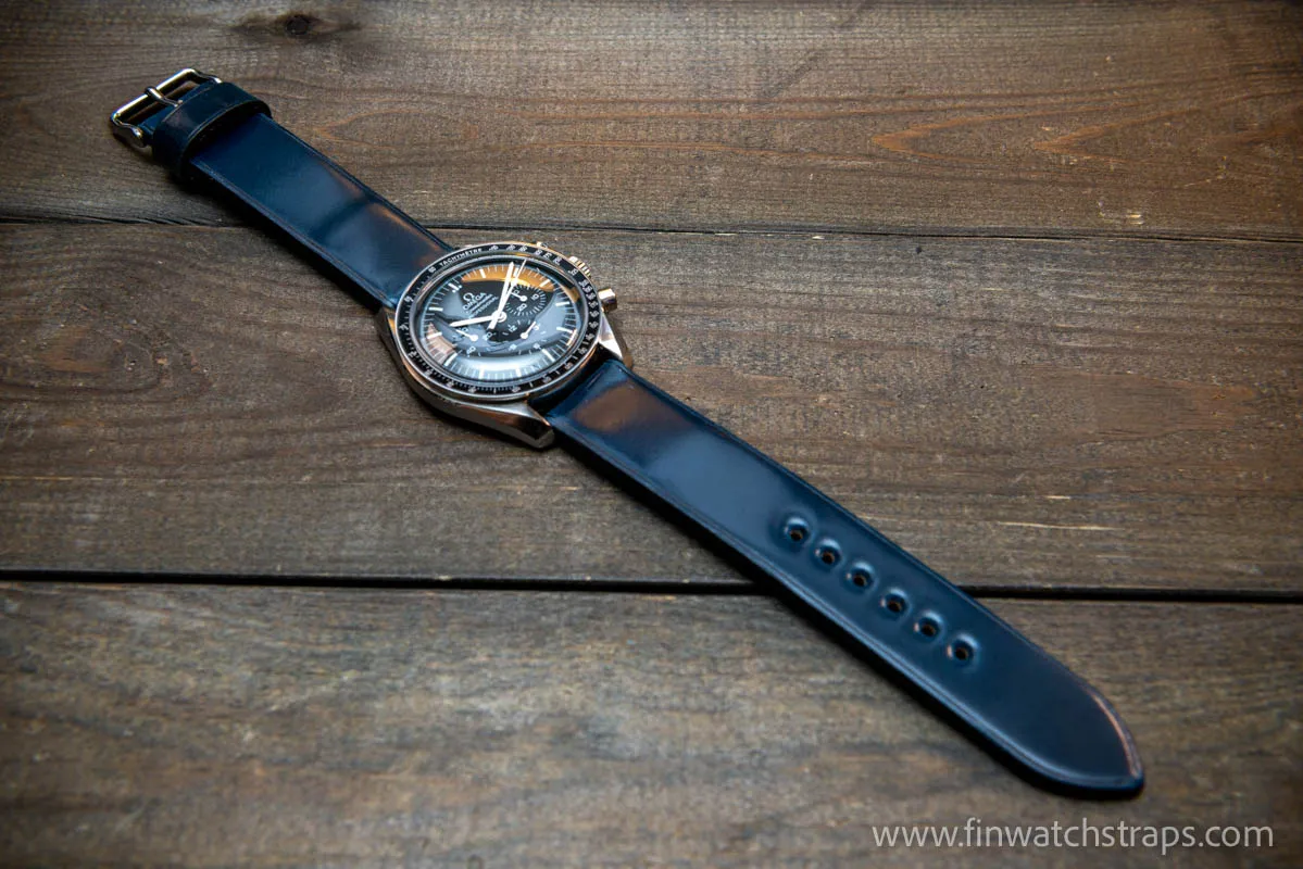 Leather watch strap, Shell Cordovan, Dark Blue colour. Handmade in Finland, 10 mm-26 mm.