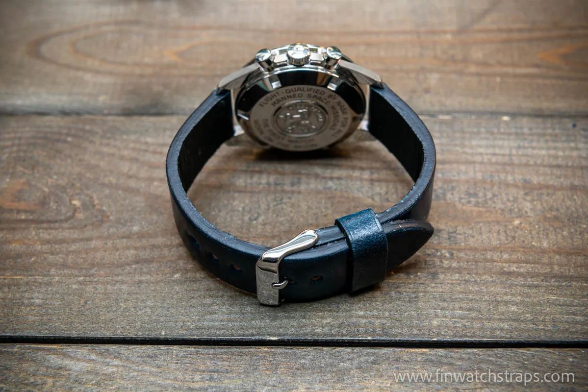 Leather watch strap, Shell Cordovan, Dark Blue colour. Handmade in Finland, 10 mm-26 mm.
