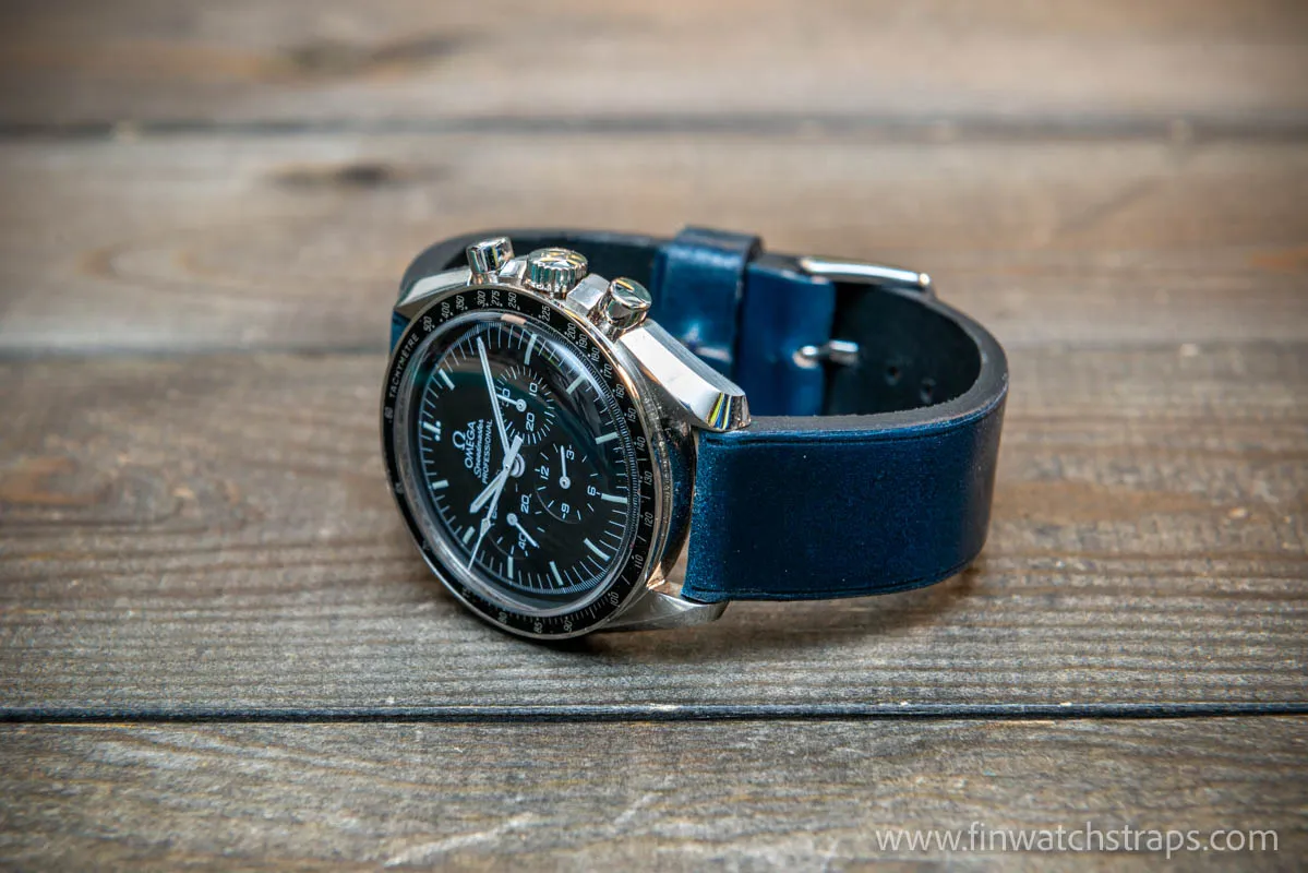 Leather watch strap, Shell Cordovan, Dark Blue colour. Handmade in Finland, 10 mm-26 mm.