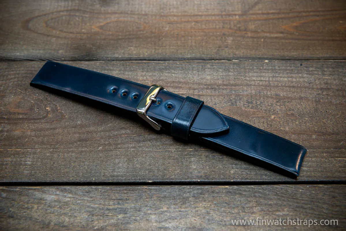 Leather watch strap, Shell Cordovan, Dark Blue colour. Handmade in Finland, 10 mm-26 mm.