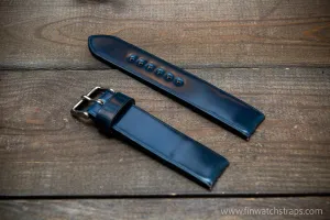 Leather watch strap, Shell Cordovan, Dark Blue colour. Handmade in Finland, 10 mm-26 mm.