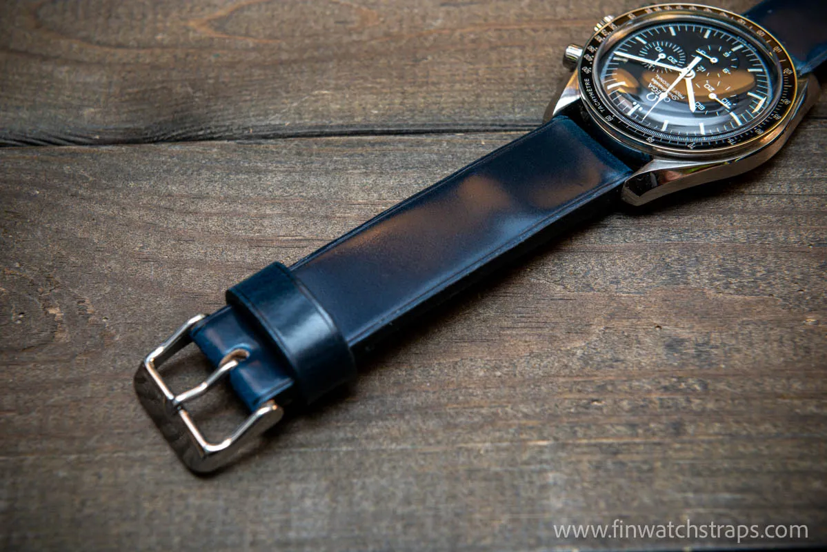 Leather watch strap, Shell Cordovan, Dark Blue colour. Handmade in Finland, 10 mm-26 mm.