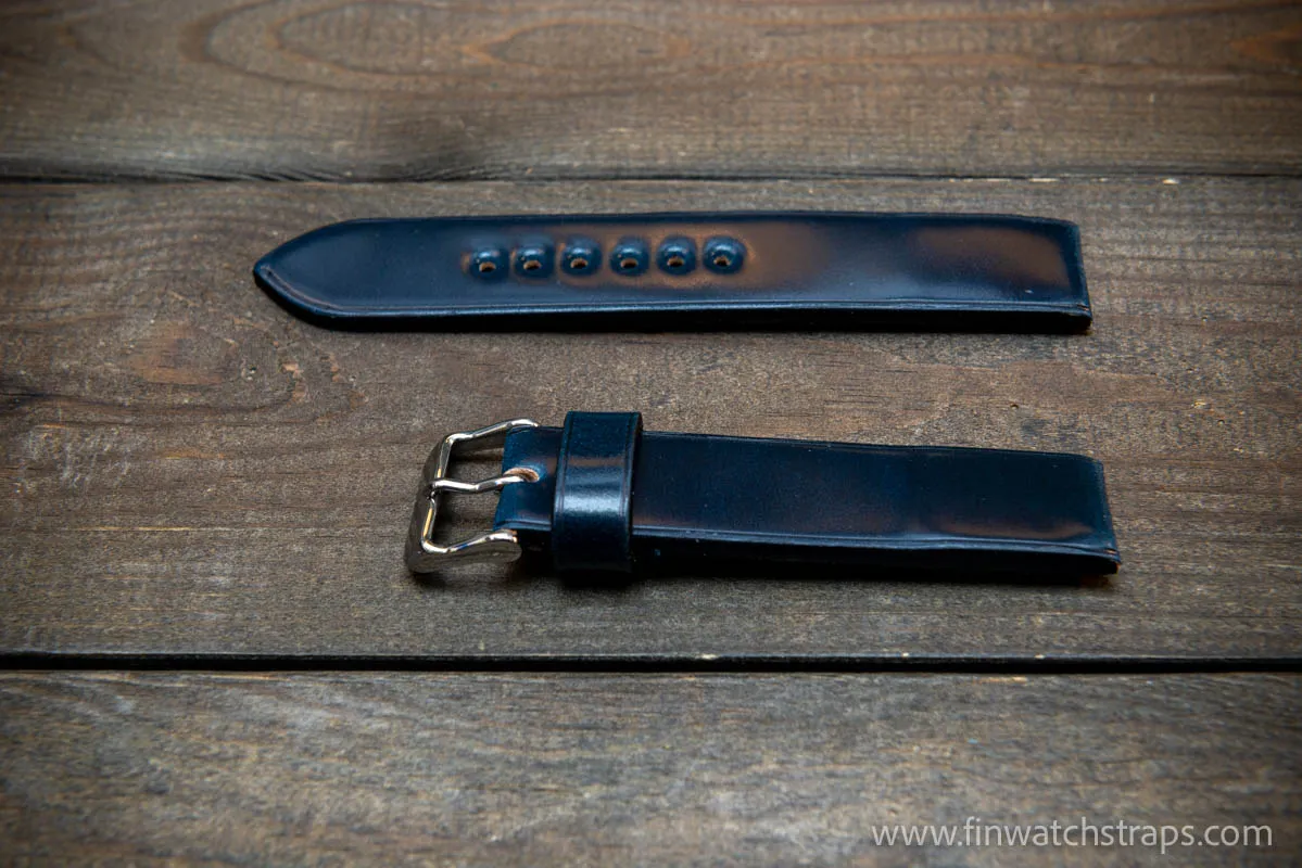 Leather watch strap, Shell Cordovan, Dark Blue colour. Handmade in Finland, 10 mm-26 mm.
