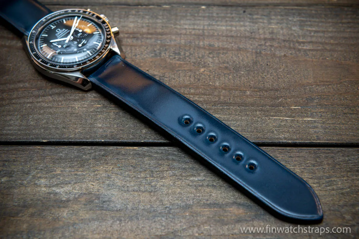 Leather watch strap, Shell Cordovan, Dark Blue colour. Handmade in Finland, 10 mm-26 mm.