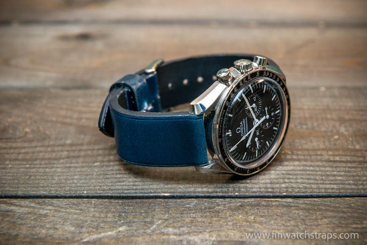 Leather watch strap, Shell Cordovan, Dark Blue colour. Handmade in Finland, 10 mm-26 mm.