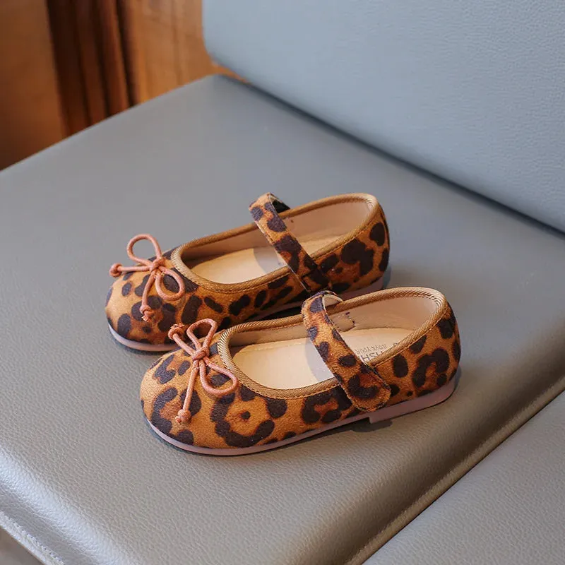 Leopard Printed Kids Flats Shoes Bow Shallow Hook Loop Baby Girls Fashion Shoes PU Soft Sole Toddler Children Mary Janes