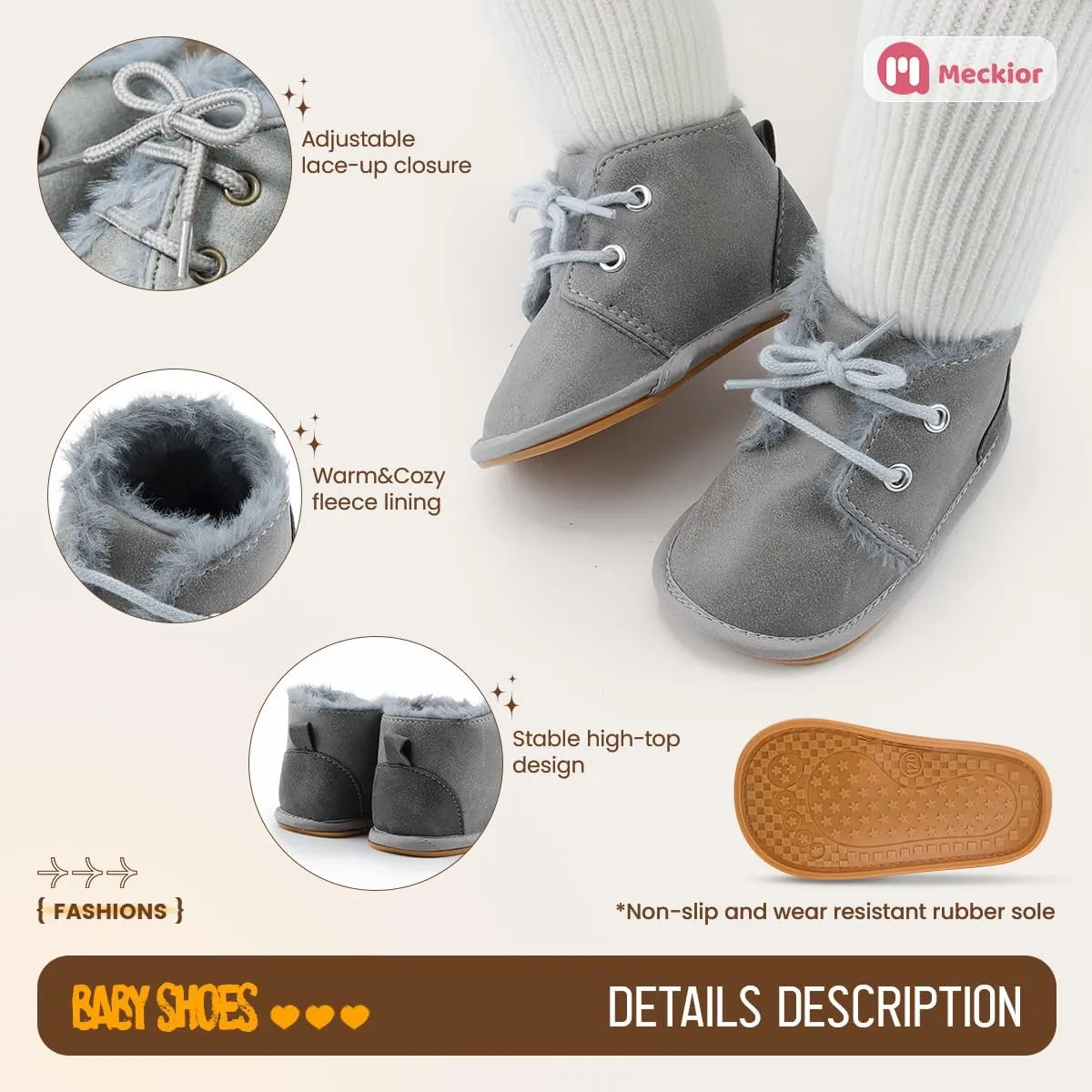 Meckior Baby Booties Newborn Infant Unisex Baby Girls Boys Velvet Rubber Anit-Slip Sole Shoes Toddler Fleece Cozy Winter Warm Prewalker Boots