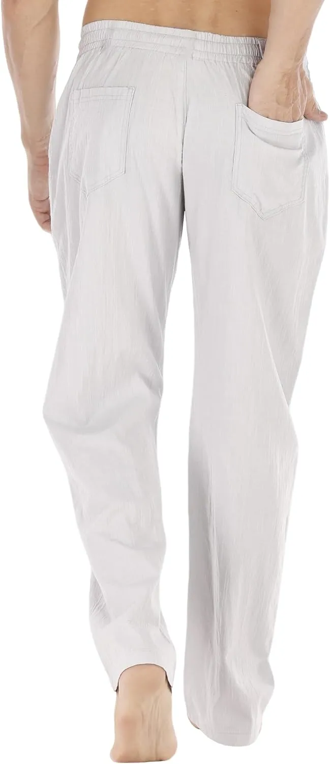 Mens Loose Fit Linen Pants Casual Lightweight Drawstring Stretch Cotton Linen Pants for Men Summer Beach