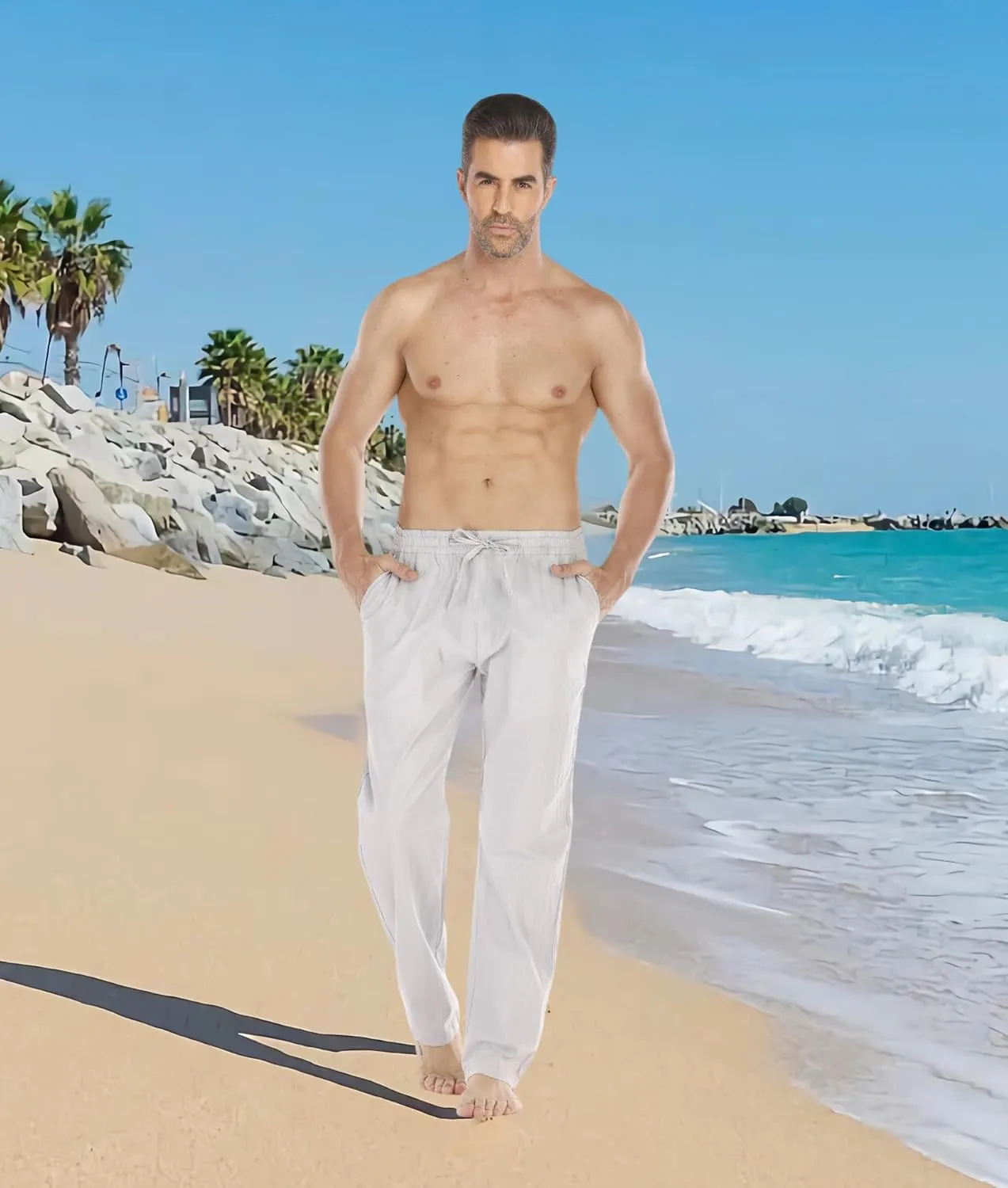 Mens Loose Fit Linen Pants Casual Lightweight Drawstring Stretch Cotton Linen Pants for Men Summer Beach