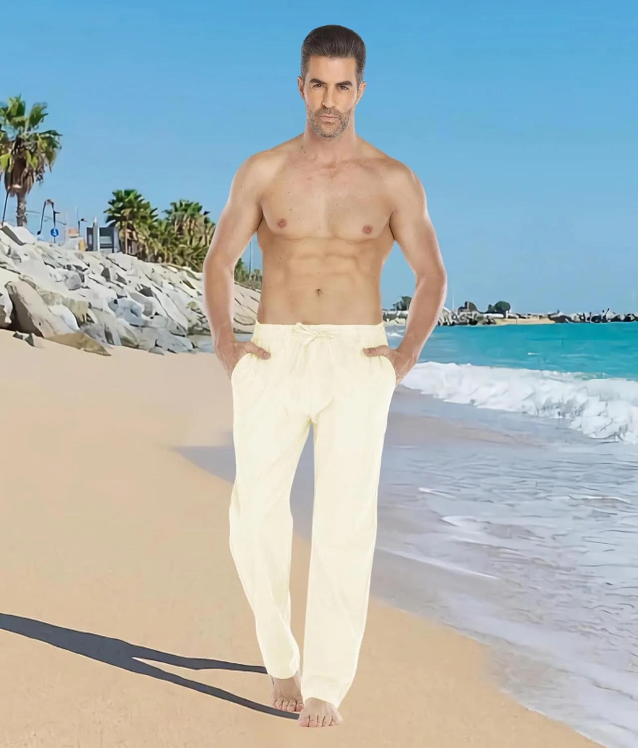 Mens Loose Fit Linen Pants Casual Lightweight Drawstring Stretch Cotton Linen Pants for Men Summer Beach