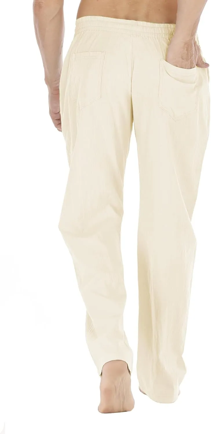 Mens Loose Fit Linen Pants Casual Lightweight Drawstring Stretch Cotton Linen Pants for Men Summer Beach