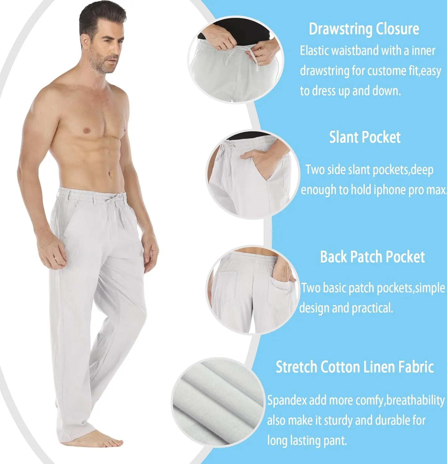 Mens Loose Fit Linen Pants Casual Lightweight Drawstring Stretch Cotton Linen Pants for Men Summer Beach