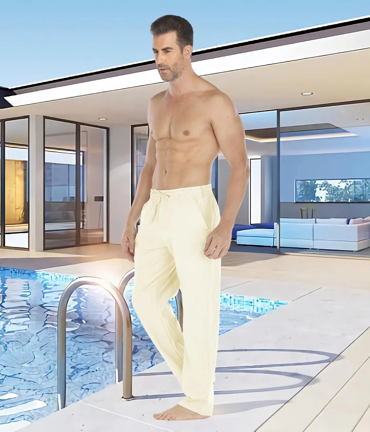 Mens Loose Fit Linen Pants Casual Lightweight Drawstring Stretch Cotton Linen Pants for Men Summer Beach