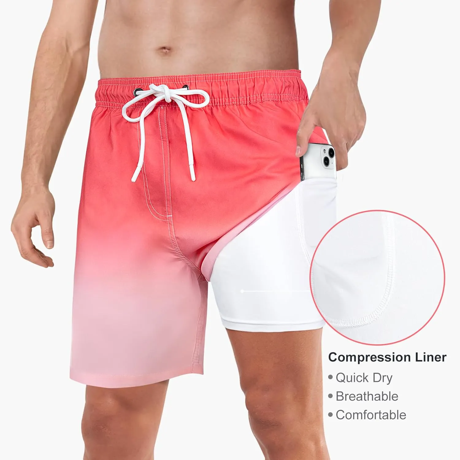 Mens Swim Trunks with Compression Liner 2 in 1 Quick Dry Swimming Shorts Swimwear Bathing Suits with Pockets